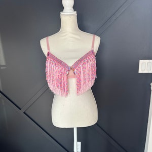 38 B Pink Fringe Burlesque Bra