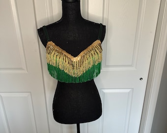38 B Green and Gold Fringe and Trim Burlesque Bra