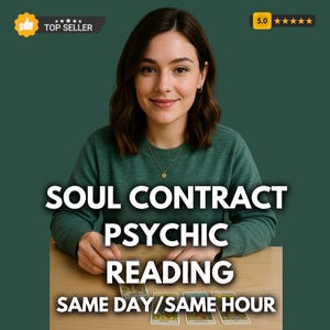 May include: A woman in a green sweater smiles, with text overlay: "SOUL CONTRACT PSYCHIC READING SAME DAY/SAME HOUR." Tarot cards are on the table. Top Seller and 5.0 star rating badges are in the corners.