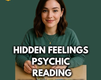 May include: A woman in a green sweater smiles, with text overlay: "HIDDEN FEELINGS PSYCHIC READING SAME DAY/SAME HOUR." The image includes a "Top Seller" badge and a 5-star rating. Tarot cards are visible on a wooden table.