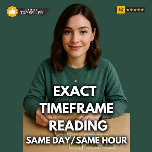Pode incluir: Uma mulher de camisola verde com o texto "EXACT TIMEFRAME READING SAME DAY/SAME HOUR" está sentada numa mesa com cartas de tarot. A imagem inclui um distintivo "TOP SELLER" e uma classificação de 5 estrelas.