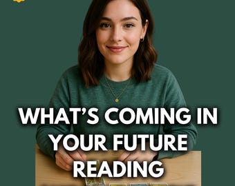 May include: A woman in a green sweater smiles, with text that reads "WHAT'S COMING IN YOUR FUTURE READING SAME DAY/SAME HOUR." The image includes a "Top Seller" badge and a 5-star rating. Tarot cards are visible on a wooden table.