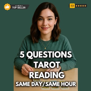 May include: A woman wearing a green sweater and a gold necklace smiles at the camera. The image displays the text "5 QUESTIONS TAROT READING SAME DAY/SAME HOUR". A "Top Seller" badge and a 5-star rating are also visible.