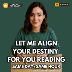 Puede incluir: Una mujer con un suéter verde sonríe, con el texto "LET ME ALIGN YOUR DESTINY FOR YOU READING SAME DAY/SAME HOUR". La imagen incluye una insignia de "TOP SELLER" y una calificación de 5 estrellas.