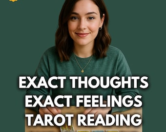 May include: A woman in a green sweater smiles, with text overlay reading "EXACT THOUGHTS EXACT FEELINGS TAROT READING SAME DAY/SAME HOUR." The image includes a "TOP SELLER" badge and a 5-star rating. Tarot cards are visible on a wooden surface.