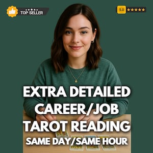 Könnte beinhalten: Eine Frau mit grünem Pullover und goldener Halskette sitzt an einem Tisch mit Tarotkarten. Das Bild enthält den Text "EXTRA DETAILED CAREER/JOB TAROT READING SAME DAY/SAME HOUR". Ein "Top Seller"-Abzeichen und eine 5-Sterne-Bewertung sind ebenfalls sichtbar.