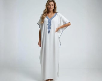 Handmade Linen Kaftan: Moroccan Maxi Dress with Blue Embroidery