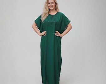Green Moroccan Kaftan Dress: Embroidered Cotton Maxi Dress