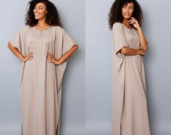 Beige Moroccan Cotton Gandoura: Handmade Embroidered Maxi Dress