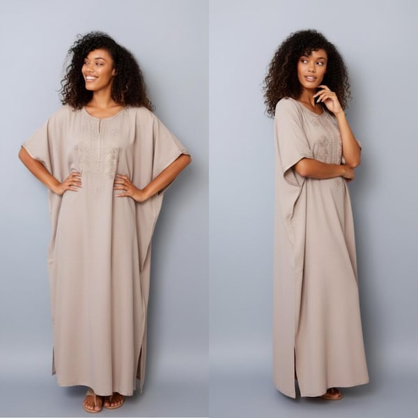 Beige Moroccan Cotton Gandoura: Handmade Embroidered Maxi Dress