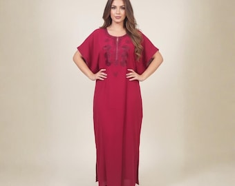 Handmade Red Moroccan Cotton Kaftan Dress: Embroidered Gandoura