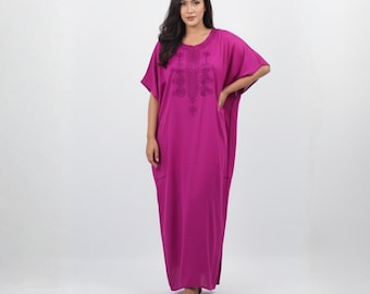 Pink Moroccan Cotton Kaftan Dress - Embroidered Maxi, One Size