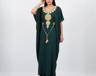 Dark Green Moroccan Kaftan Dress: Gold Embroidered Twill Gandoura