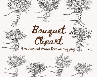Wedding Bouquet Clipart & Icon Set | 9 Whimsical Hand Drawn Floral SVG PNG (Digital Download)