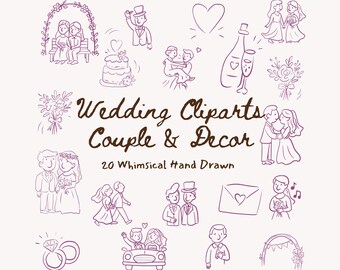 Whimsical Wedding Clipart Bundle: Hand-Drawn Couple & Decor (PNG SVG Digital Download)