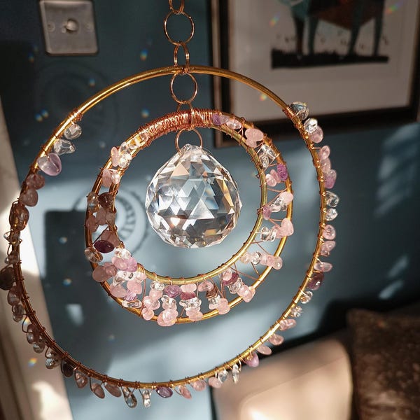 Handmade indoor suncatcher with hoops, beads, prism and chain