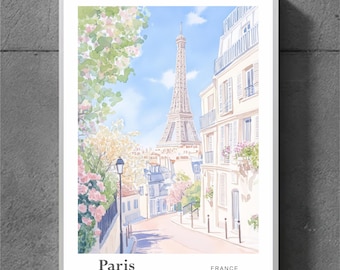 Paris France Travel Poster, Eiffel Tower Watercolor Wall Art, Printable City Print, Digital Download