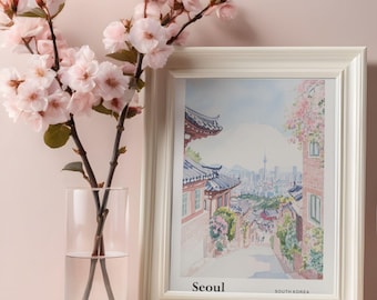 Seoul South Korea Travel Poster - Minimalist Bukchon Hanok Village Wall Art, Digital Download Print
