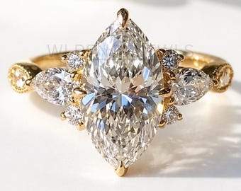 Anello di fidanzamento con moissanite a taglio marquise, anello da sposa vintage floreale in oro 14 carati