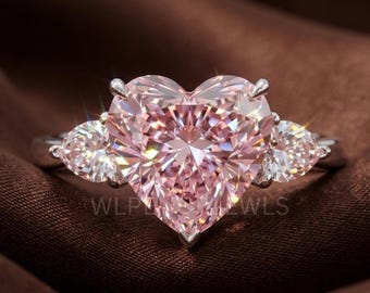 Anillo llamativo de corazón rosa cultivado en laboratorio, propuesta de matrimonio nupcial en oro de 14 quilates