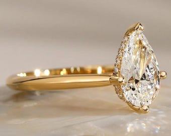 Vintage 14k Gold Pear Moissanite Engagement Ring, Hidden Halo