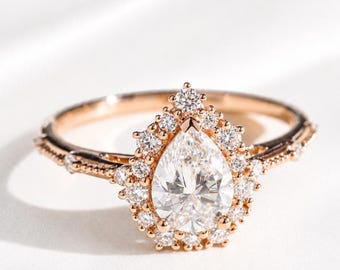 Pear Cut Moissanite Halo Engagement Ring, Rose Gold Vintage Bridal Wedding Band