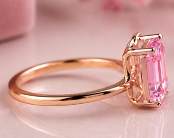Anello solitario in oro rosa con diamante rosa sintetico taglio smeraldo da 3 carati, anello di fidanzamento/matrimonio.