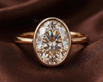 Minimalist Bezel Set Moissanite Ring, Unique Oval Engagement Ring in Yellow Gold, Dainty Solitaire Wedding Band, Luxury Jewelry Gift for Her