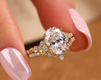 Anello di fidanzamento con moissanite ovale da 3 carati, set di fede nuziale in oro Eternity