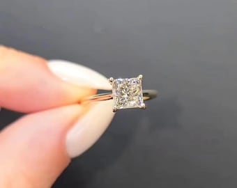 Anello vintage con moissanite taglio princess da 2 carati, solitario in oro 14 carati
