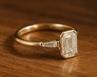 Anello con moissanite taglio smeraldo da 3 carati, solitario con castone in oro 14 carati