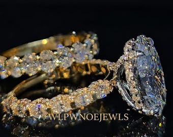 Anello di fidanzamento con moissanite taglio ovale, fede nuziale a mezza eternità in oro massiccio 14 carati, set da sposa.