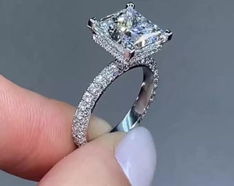 Princess Cut Moissanite Ring, 3CT Sterling Silver Half Eternity Hidden Halo