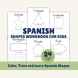 Könnte beinhalten: Ein spanisches Formen-Arbeitsheft für Kinder mit 24 druckbaren Seiten. Die weißen Seiten zeigen gepunktete Umrisse von Stern, Dreieck, Quadrat, Rechteck, Kreis und Oval mit spanischen und englischen Beschriftungen sowie Anweisungen zum Nachzeichnen.