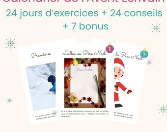 Puede incluir: Se muestran tres indicaciones de escritura con temática navideña. El texto superior dice "Calendrier de l'Avent Ecrivain" y "24 jours d'exercices + 24 conseils + 7 bonus". Las indicaciones incluyen "Premières", "Lettre au Père Noël" y "du Père Noël".