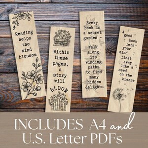 four bookmarks with text and illustrations, including a quote about reading and a quote about a garden. The bookmarks are labeled as "Included A4 and U.S. Letter PDFs". Includes floral images including cherry blossom, dandelion flowers and seeds and ivy vines.