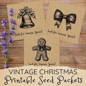 Puede incluir: Tres sobres de semillas imprimibles navideños vintage con ilustraciones negras de una campana, un lazo y un hombre de jengibre sobre papel marrón. El texto "Seeds for Someone Special" está en cada sobre. Las palabras "VINTAGE CHRISTMAS Printable Seed Packets" están en la parte inferior.