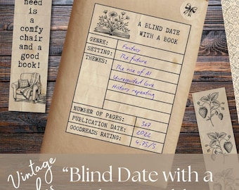 Blind Date with a Book Printable Kit; Vintage Style Cottagecore Labels & Bookmarks, Bookish Gift for Readers (PDF Download)