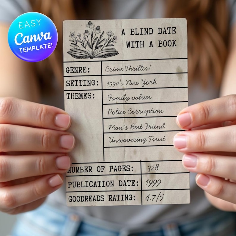 Vintage Floral blind date with a book printable label or gift tag template to edit in a free or paid Canva account