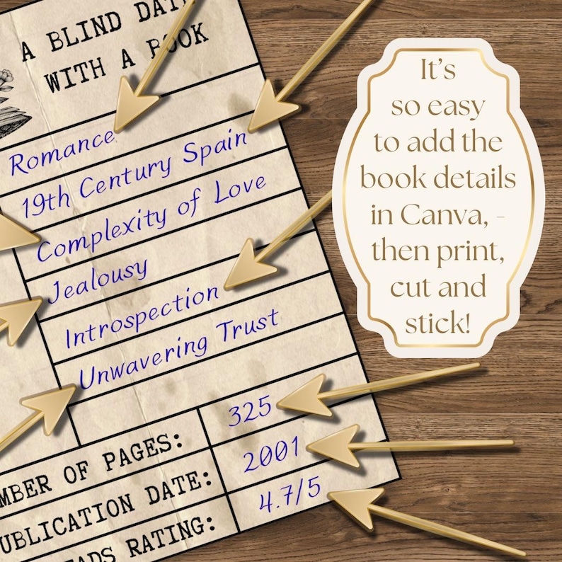 easy to customise Canva template for DIY Blind Date with a Book printable gift label or tag
