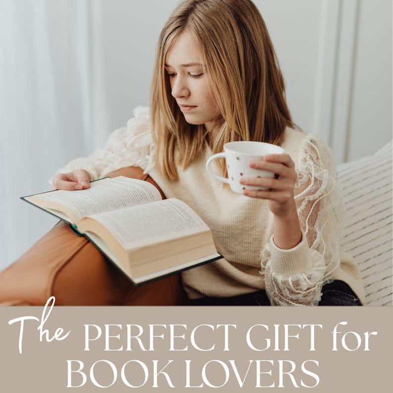 A young woman is sitting on a couch, reading a book and holding a coffee mug, with the text "The perfect gift for book lovers" overlaid on the image.