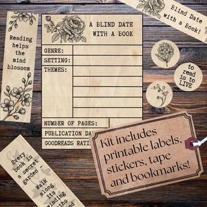 various items related to reading and books for a Blind Date with a Book or mystery book wrapping gift for females, including a book, a bookplate, and some labels and stickers.