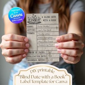 Canva editable template for a blind date with a book vintage style cottagecore printable gift tag or label, held by female hands. Customisable with a free or pro Canva account