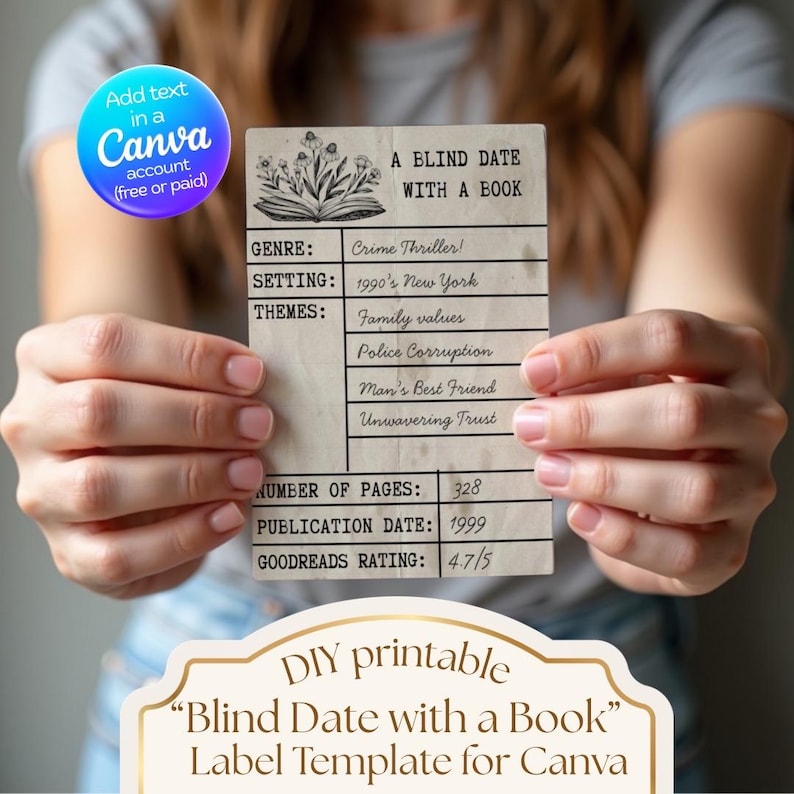 Canva editable template for a blind date with a book vintage style cottagecore printable gift tag or label, held by female hands. Customisable with a free or pro Canva account