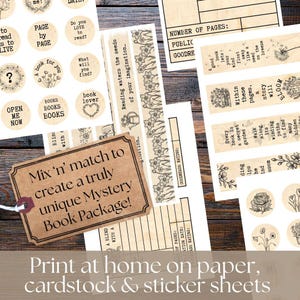 various vintage-style floral labels and stickers, including a book-themed label and a book-themed sticker sheet, all printed on paper, cardboard, and sticker sheets. Old fashioned brown paper flower images and labels for mystery book swaps and feminine gifts for book loving females