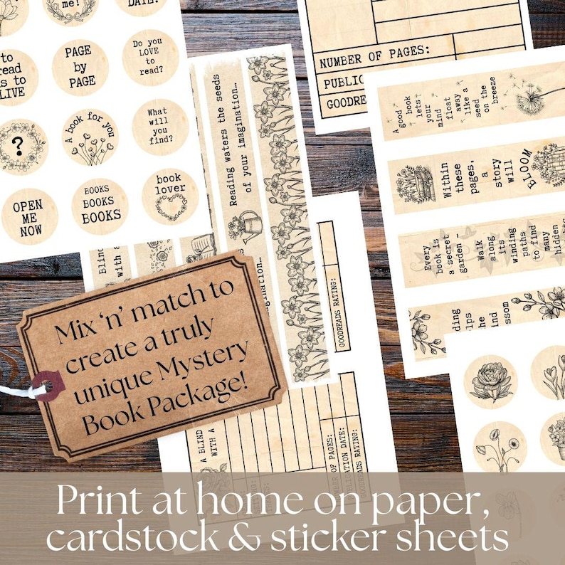 various vintage-style floral labels and stickers, including a book-themed label and a book-themed sticker sheet, all printed on paper, cardboard, and sticker sheets. Old fashioned brown paper flower images and labels for mystery book swaps and feminine gifts for book loving females