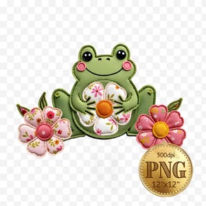 Cute Frog T-Shirt Design PNG: Kawaii Frogs Floral Patchwork Art,  DIY Last Minute Gift Craft Supplies (Commercial Licence, Instant Download)