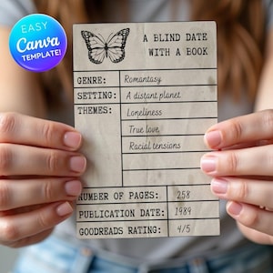 May include: A tan card with the text "A Blind Date With A Book" and a butterfly illustration. Details include the genre "Romantasy", setting "A distant planet", and themes of loneliness, true love, and racial tensions. The book has 258 pages, published in 1989, and a Goodreads rating of 4/5.