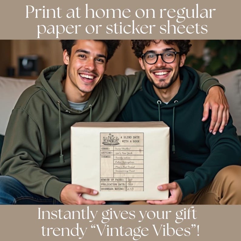 two young men with their arms around each other, both holding a gift wrapped present with a printable vintage style Blind Date with a Book label or tag, easy to edit as a  Canva template