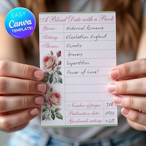 May include: A rectangular card titled A Blind Date with a Book featuring a light pink background with two floral illustrations of pink roses on the left side. The card lists details including Genre: Historical Romance, Setting: Elizabethan England, Themes: Chivalry, Bravery, Superstition, Power of Love!, Number of pages: 378, Publication date: 2022, and Goodreads rating: 4.5/5.
